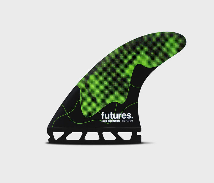 Jack Robinsons professional surfer Future fins thruster set up that are green and black in the medium size designed for performance surfing for mid weight and beginner to advance surfers.